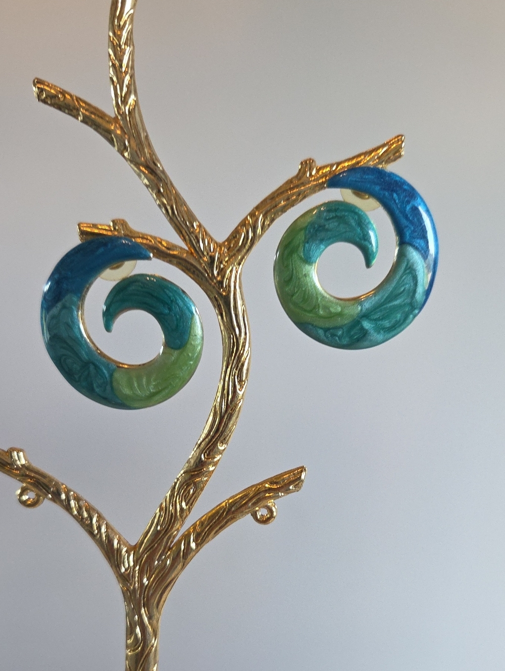 Vintage Marbled Blue & Green Enamel Swirl Earrings | Abstract Gold Tone Wave